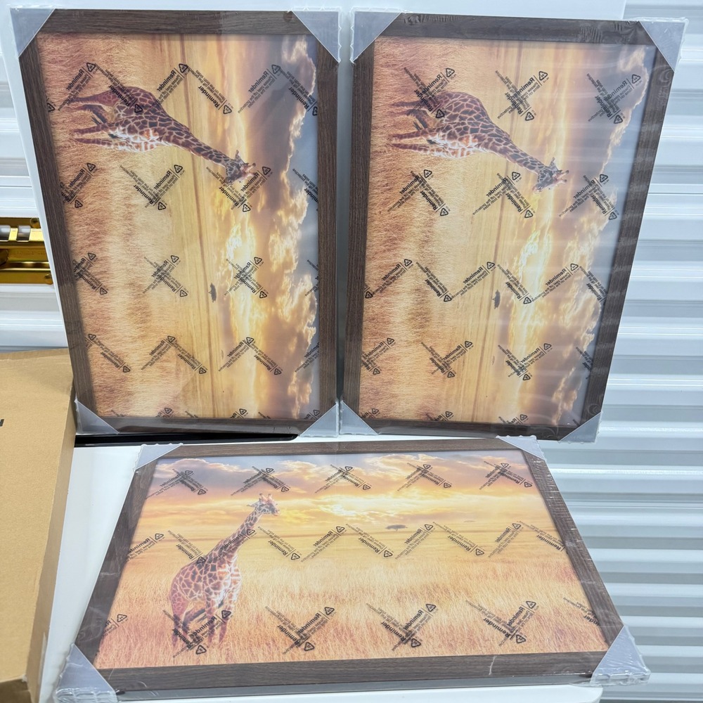 Set of 3 Giraffe Savanna Sunset Framed Wall Art Prints Brown Wood Grain 11x17